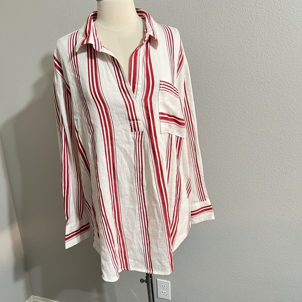Liz‎ Claiborne Womens Striped Button Down Shirt White & Red Cotton Rayon Sz Xl